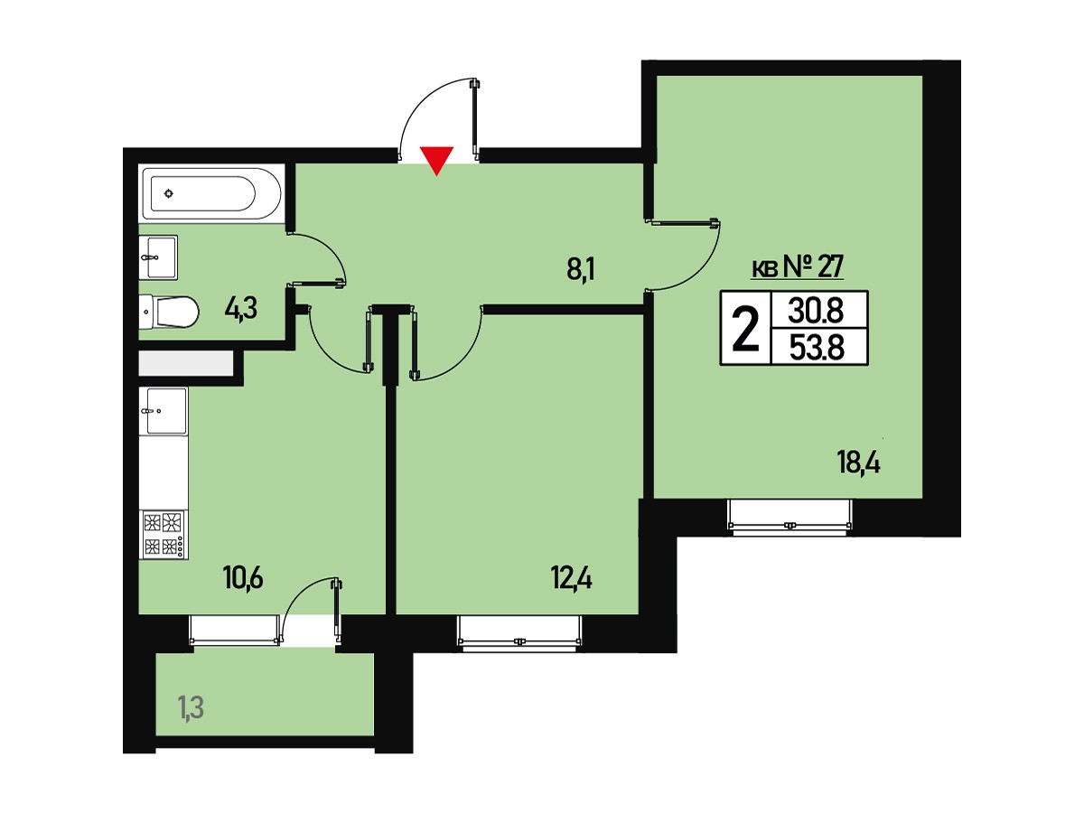 Двухкомнатная квартира 53 м² №27 улица Генерала Донскова, дом 27, корпус 6  купить по цене 8177600 от застройщика в ЖК Борисоглебское деревня Зверево